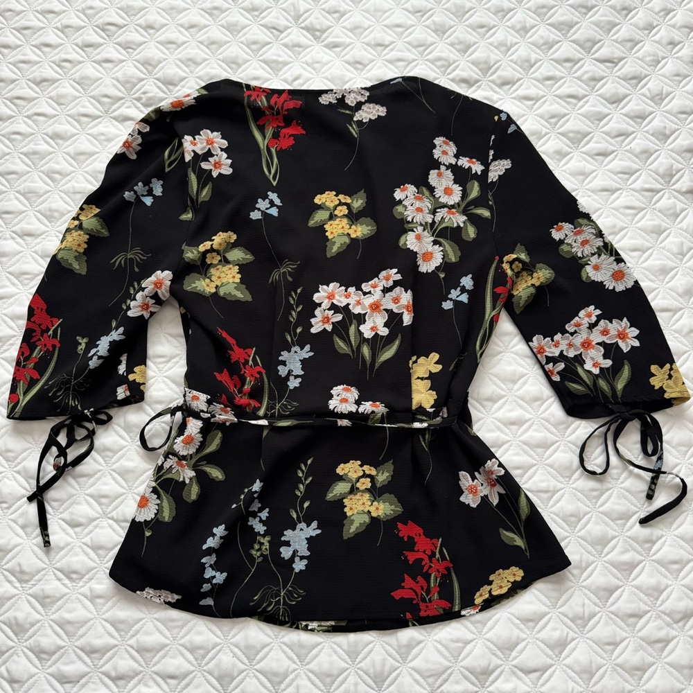 Topshop Black V-Neck Floral Wrap Tie Ruched Elbow Length Sleeve Blouse Sz 6 Tall - Picture 13 of 16